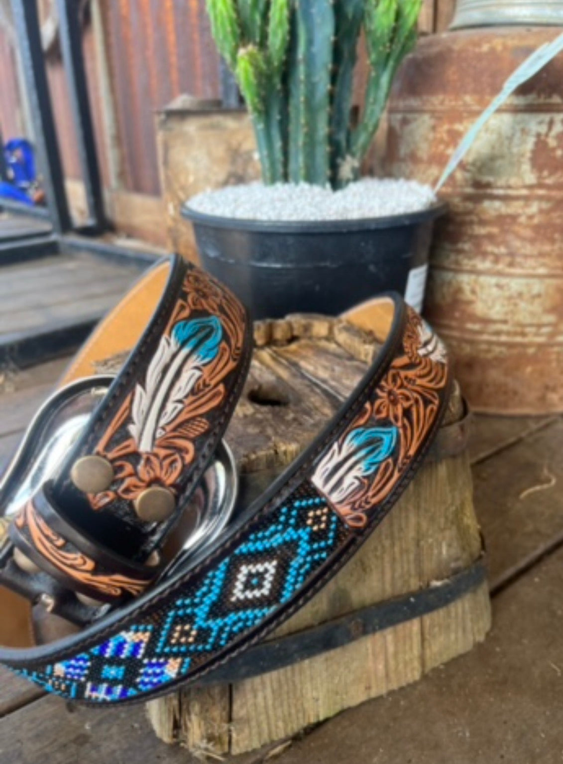 Blue Feather beaded and tooled Belt