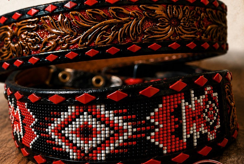 Red beaded belt with floral tooling and red buckstitching