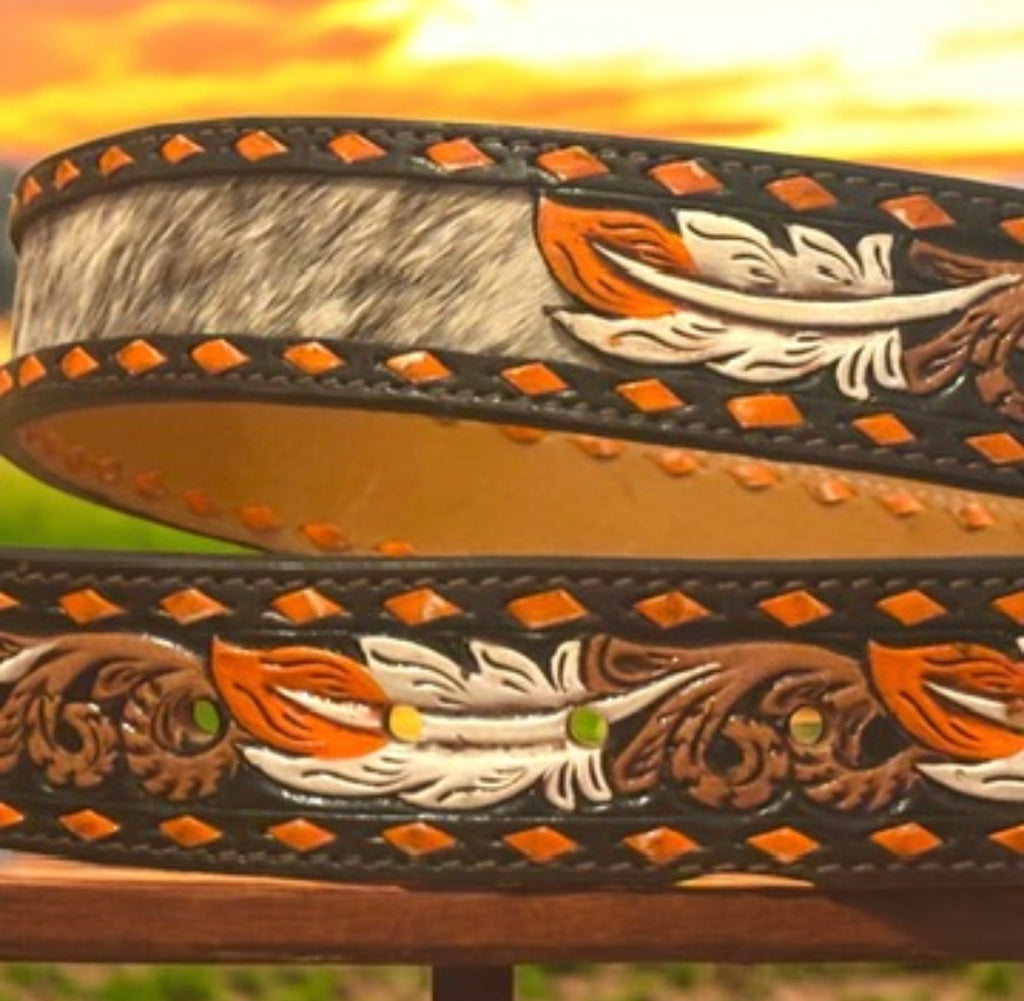 🪶 Desert Feather Cowhide Belt