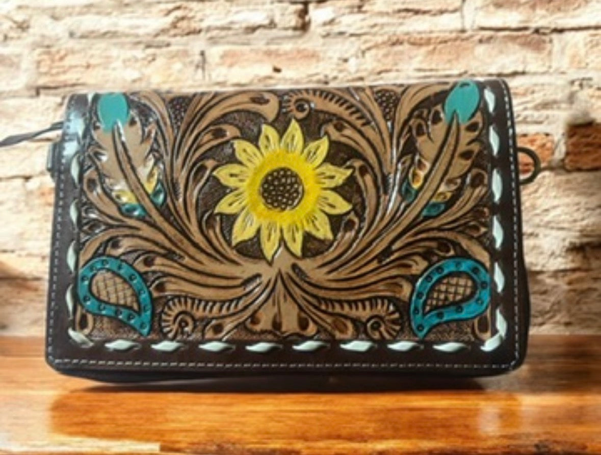 🌻 Rustic Sunflower Tooled Purse