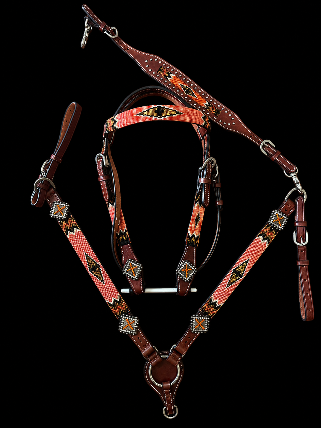 🧡 Orange & Gold Beaded Bridle & Breastplate Set 🧡