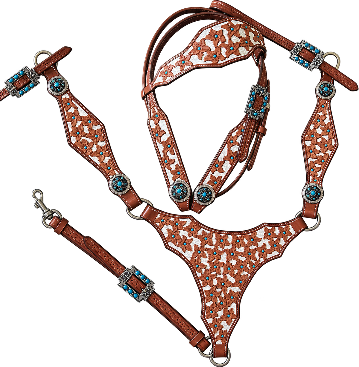 Floral tooled bridle and breastplate set with white inlay and turquoise stone conchos