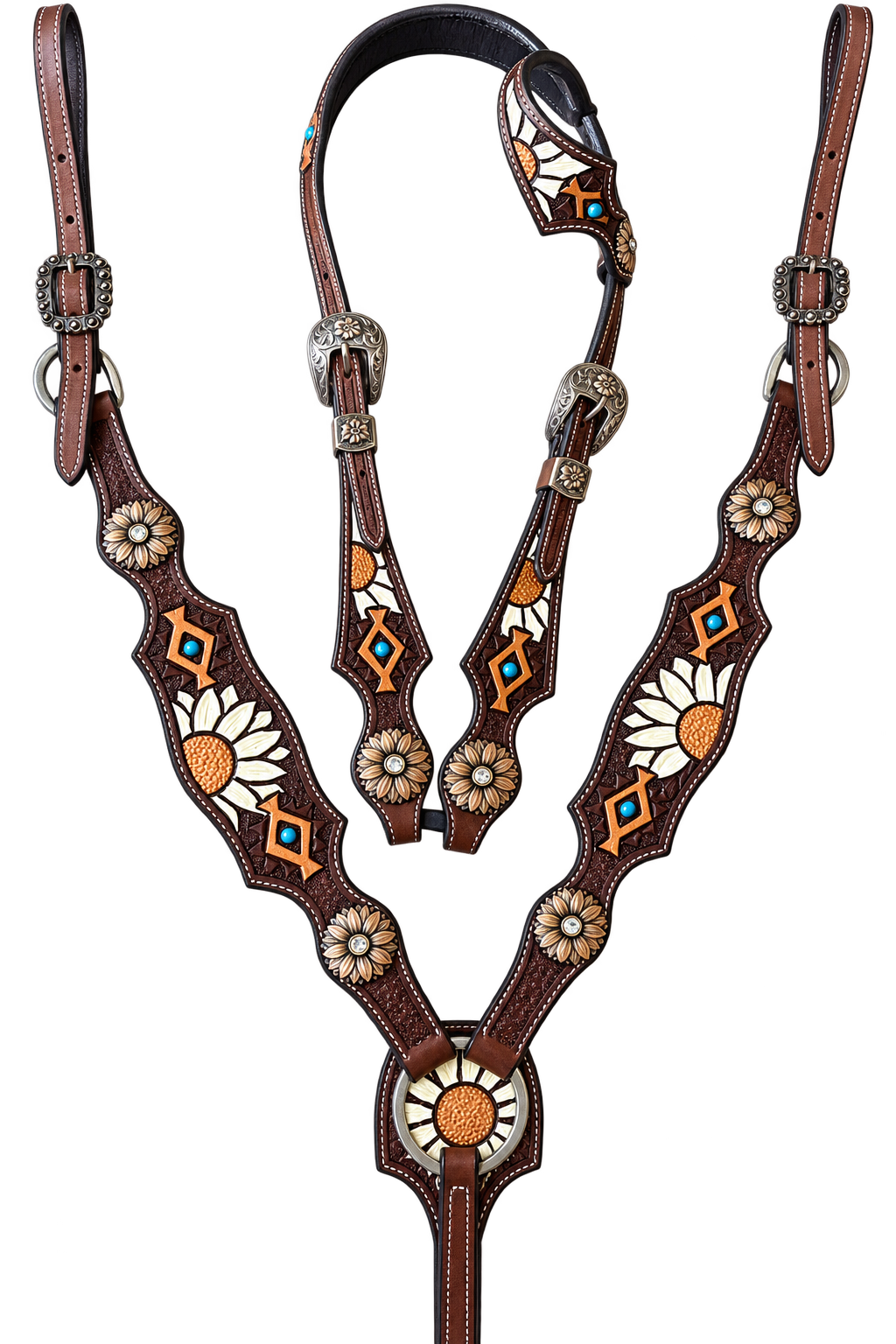 🌻 Floral & Aztec Tooled Leather Bridle & Breastplate Set